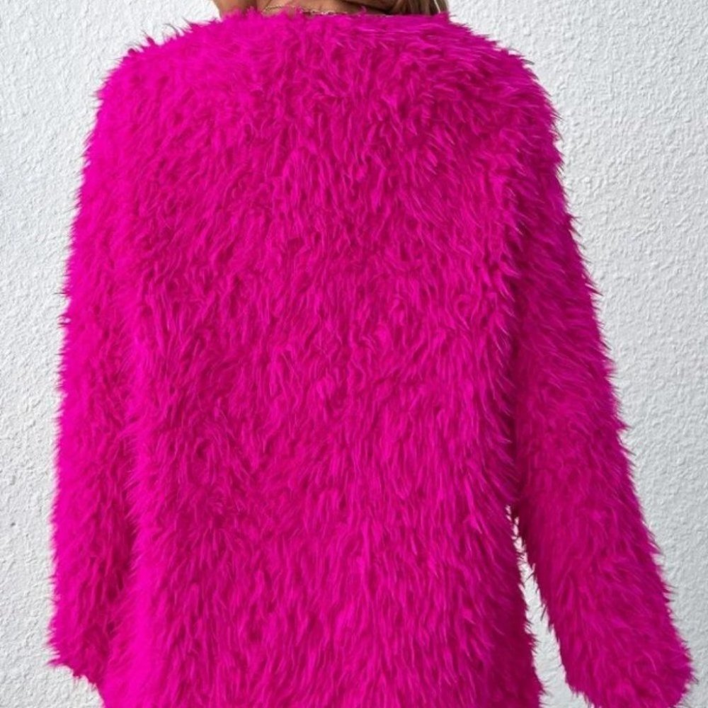 hot Pink Faux fur teddy open front coat jacket trendy contemporary barbie-core - Picture 6 of 6